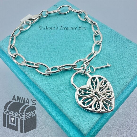 Tiffany & Co. 925 Silver Filigree Keyhole Heart Oval Link 7.5" Bracelet (pouch) - Picture 1 of 7